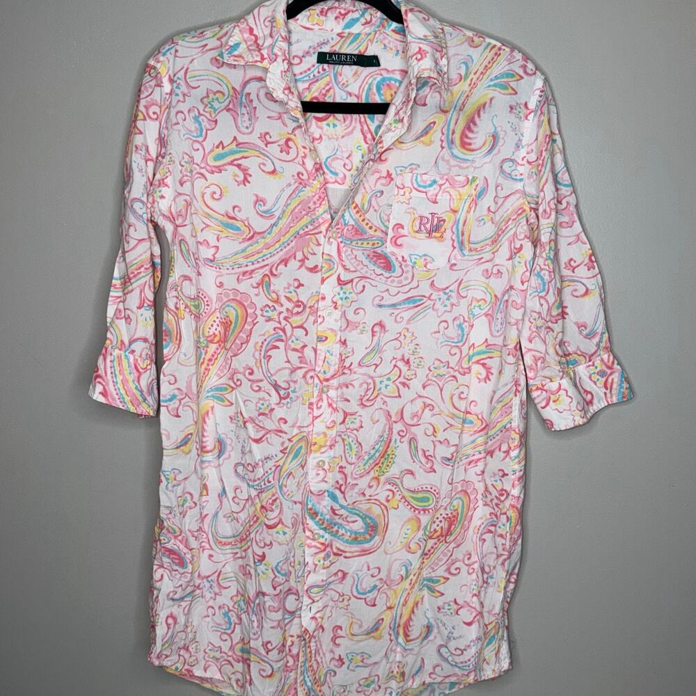 Lauren Ralph Lauren Women Size Small Pink Paisley Cotton Tunic Long Pajama Shirt